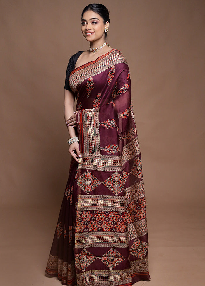 Maroon Chanderi Cotton Saree With Blouse Piece