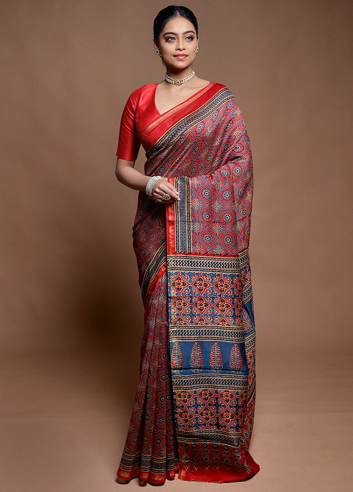 Red Chanderi Cotton Saree With Blouse Piece