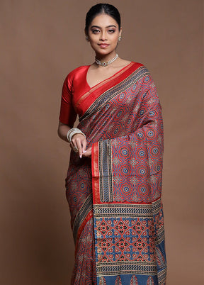 Red Chanderi Cotton Saree With Blouse Piece