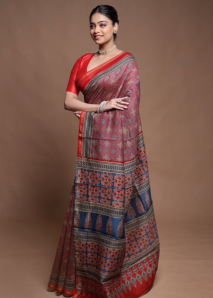 Red Chanderi Cotton Saree With Blouse Piece