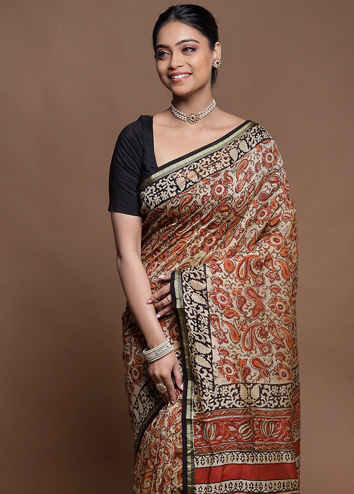 Cream Chanderi Cotton Saree With Blouse Piece