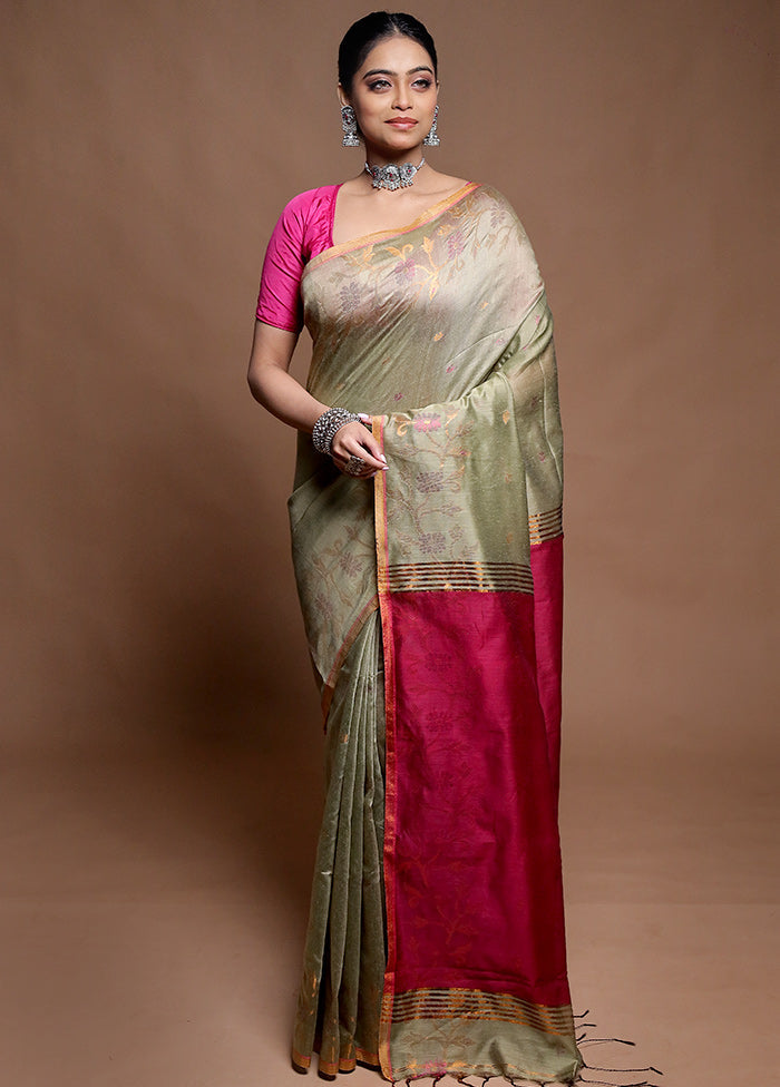 Green Cotton Saree With Blouse Piece