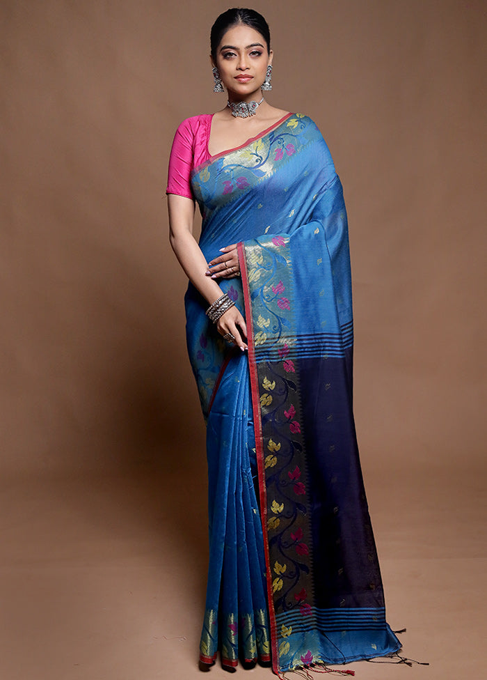 Blue Cotton Saree With Blouse Piece