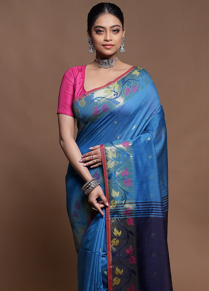 Blue Cotton Saree With Blouse Piece