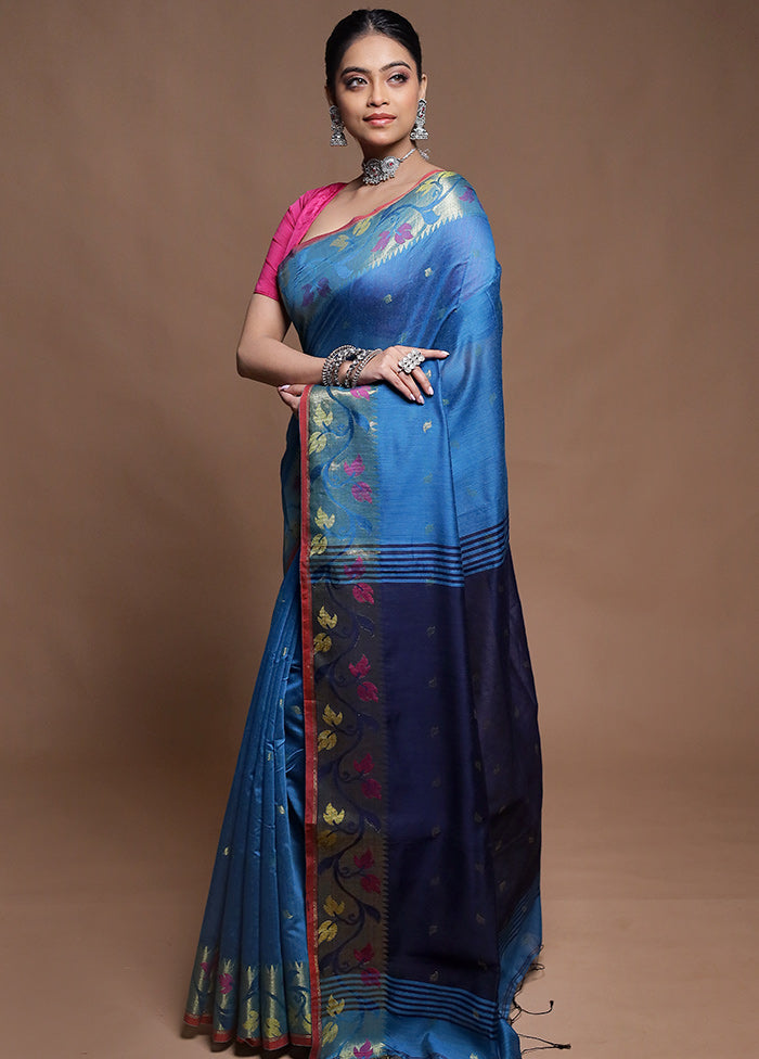 Blue Cotton Saree With Blouse Piece