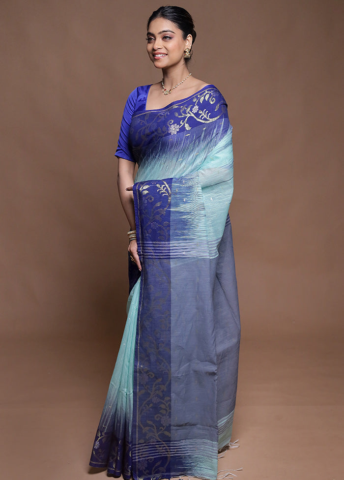 Blue Cotton Saree With Blouse Piece