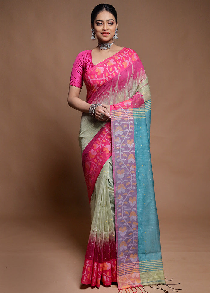 Green Cotton Saree With Blouse Piece
