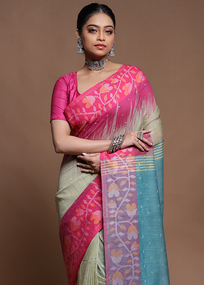 Green Cotton Saree With Blouse Piece