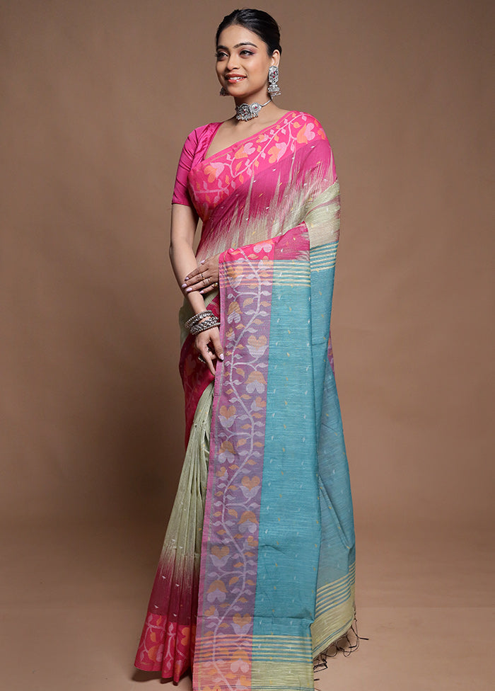 Green Cotton Saree With Blouse Piece