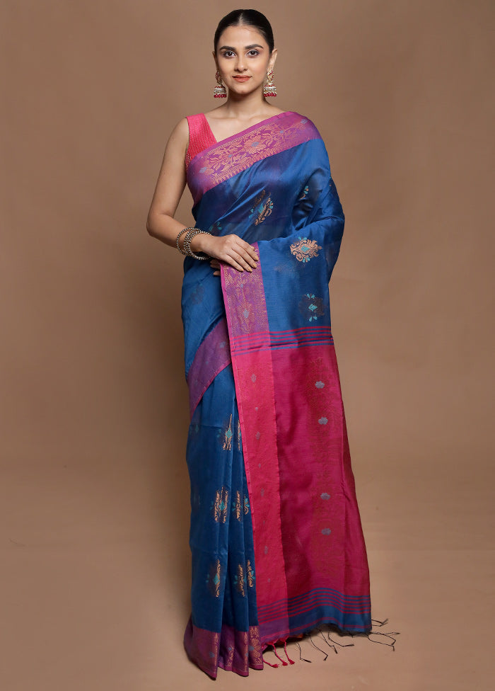 Blue Cotton Saree With Blouse Piece