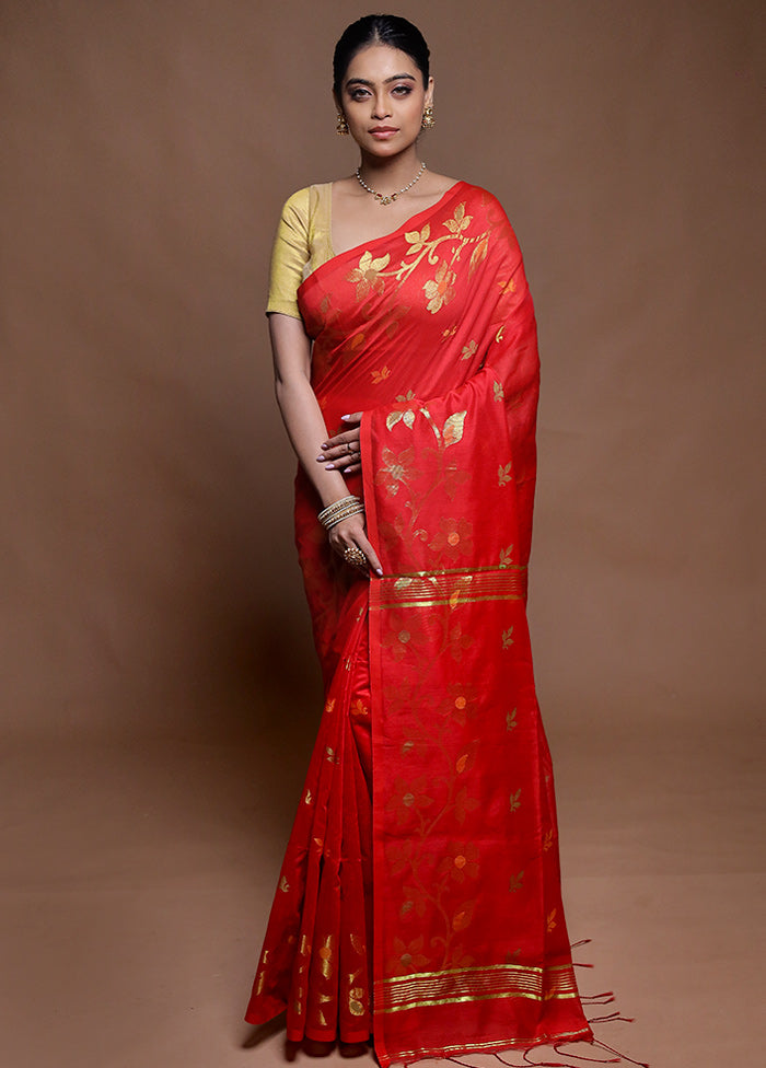 Red Cotton Saree With Blouse Piece