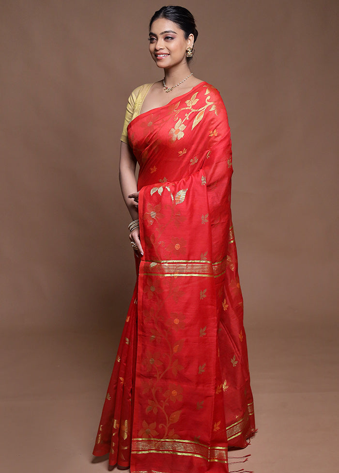 Red Cotton Saree With Blouse Piece