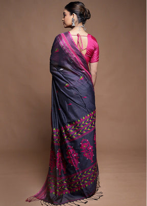 Grey Pure Cotton Saree With Blouse Piece