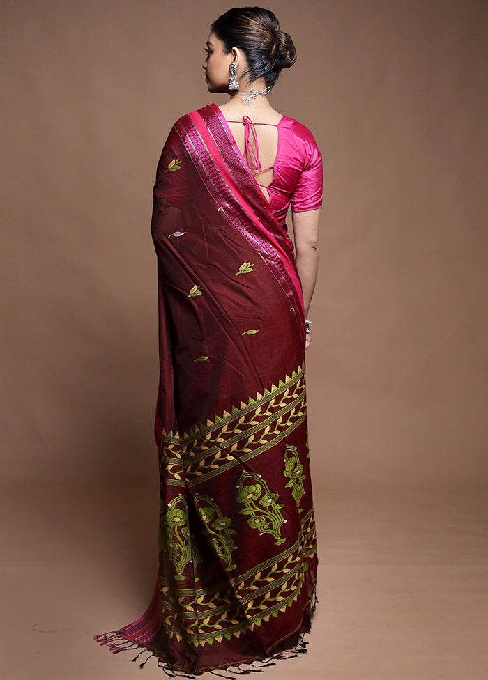 Maroon Pure Cotton Saree With Blouse Piece
