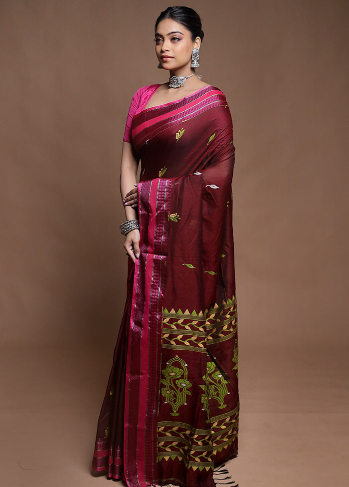 Maroon Pure Cotton Saree With Blouse Piece