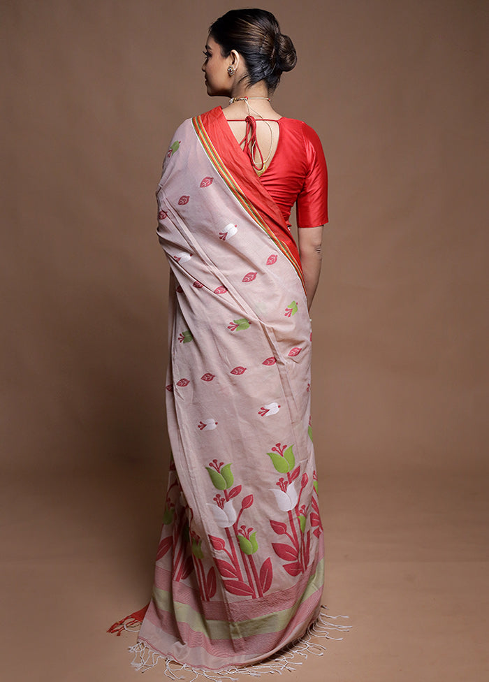 Cream Pure Cotton Saree With Blouse Piece