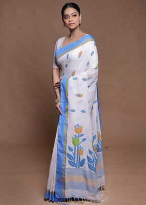 White Pure Cotton Saree With Blouse Piece