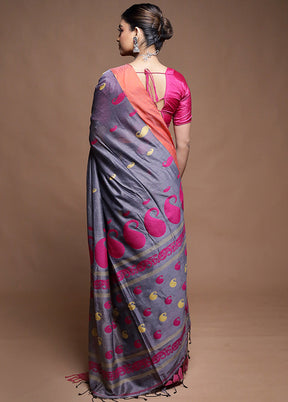 Grey Pure Cotton Saree With Blouse Piece