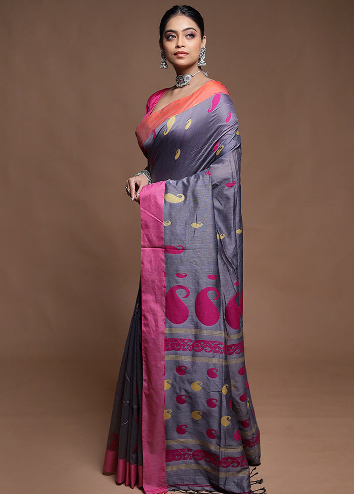 Grey Pure Cotton Saree With Blouse Piece