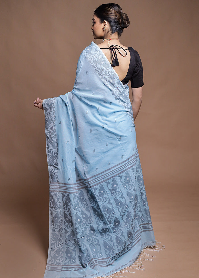 Blue Pure Cotton Saree With Blouse Piece