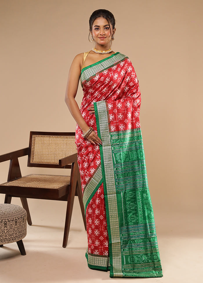 Red Handloom Bomkai Pure Silk Saree With Blouse Piece