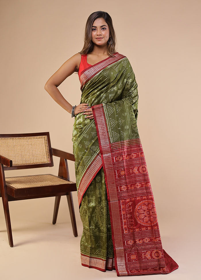 Green Handloom Bomkai Pure Silk Saree With Blouse Piece