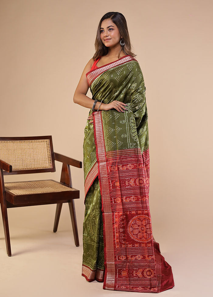 Green Handloom Bomkai Pure Silk Saree With Blouse Piece