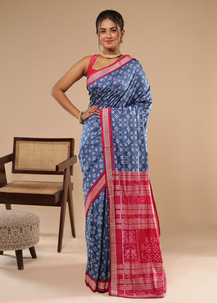 Blue Handloom Bomkai Pure Silk Saree With Blouse Piece