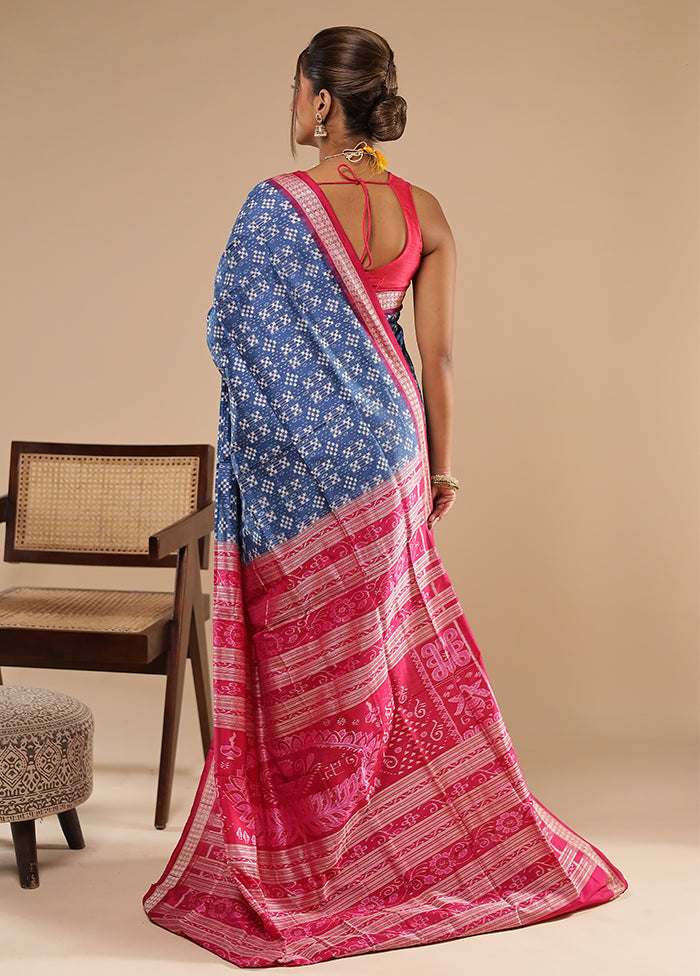 Blue Handloom Bomkai Pure Silk Saree With Blouse Piece
