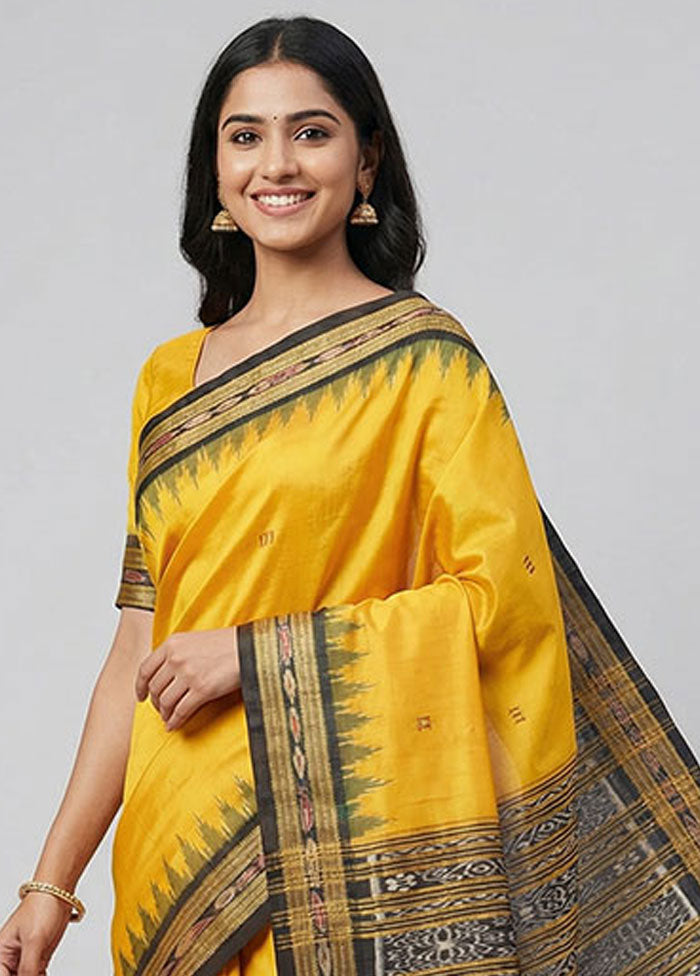 Yellow Handloom Ikkat Pure Silk Saree With Blouse Piece