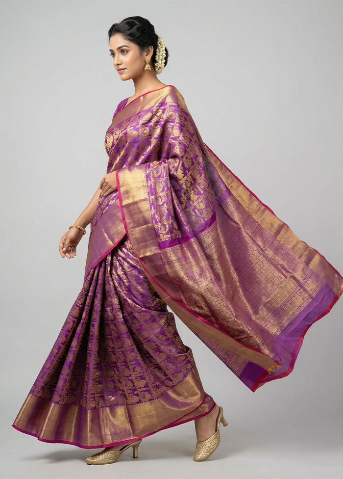 Purple Handloom Kanchipuram Pure Silk Saree With Blouse Piece