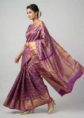 Purple Handloom Kanchipuram Pure Silk Saree With Blouse Piece