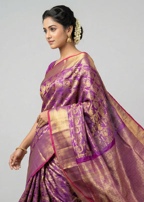 Purple Handloom Kanchipuram Pure Silk Saree With Blouse Piece
