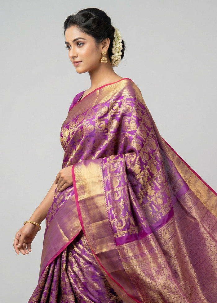 Purple Handloom Kanchipuram Pure Silk Saree With Blouse Piece