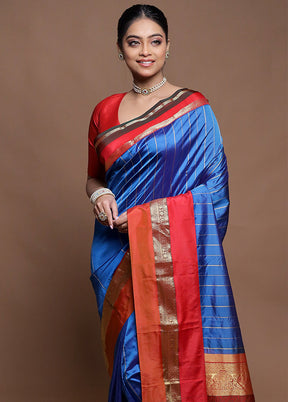 Blue Handloom Kanchipuram Pure Silk Saree With Blouse Piece
