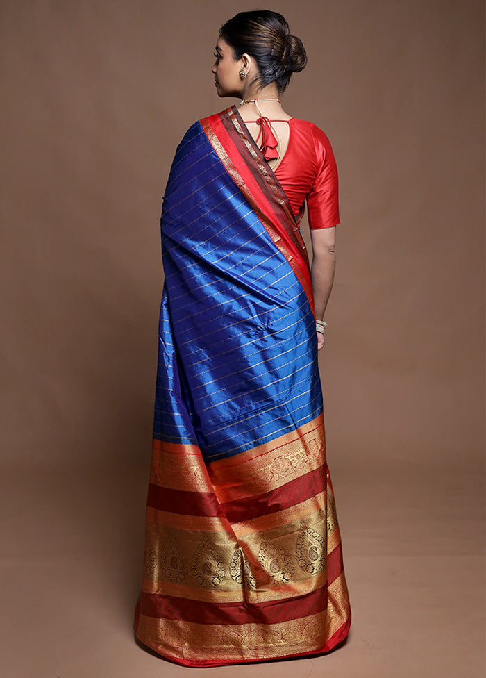 Blue Handloom Kanchipuram Pure Silk Saree With Blouse Piece