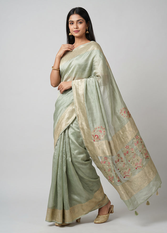 Green Dupion Silk Saree With Blouse Piece