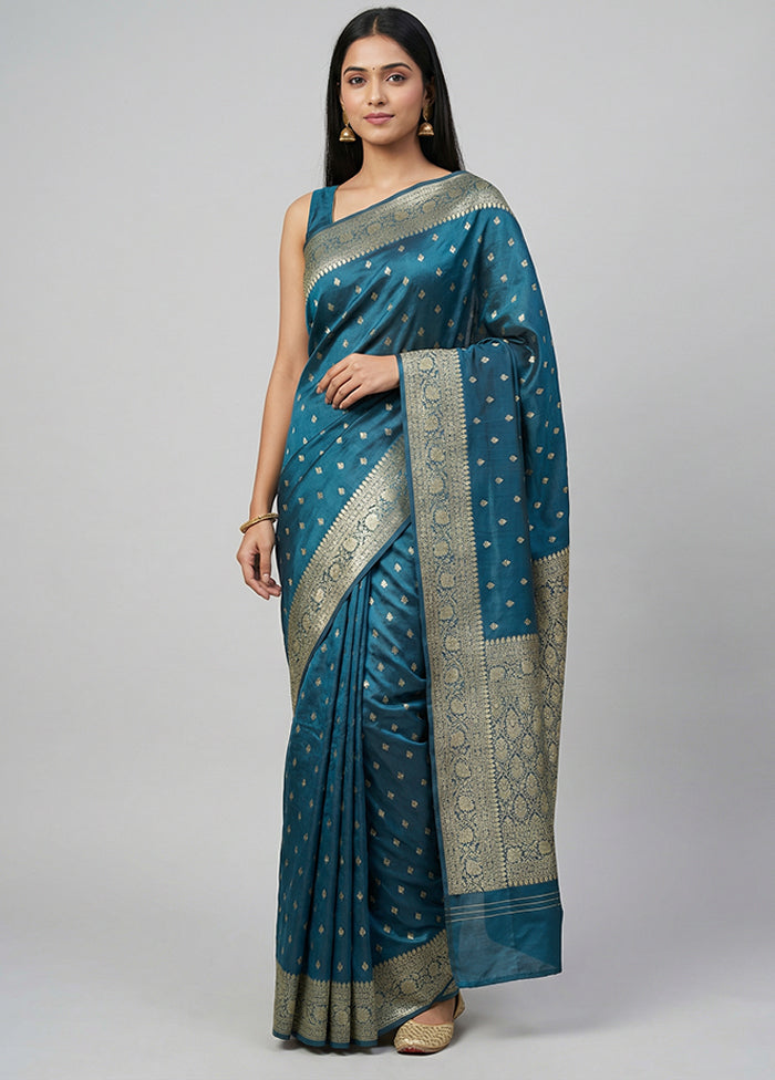 Blue Dupion Silk Saree With Blouse Piece