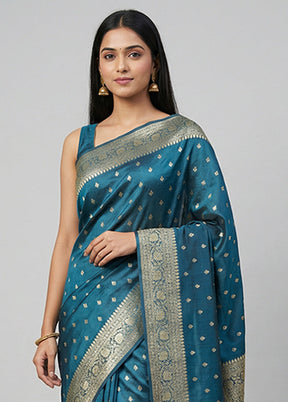 Blue Dupion Silk Saree With Blouse Piece
