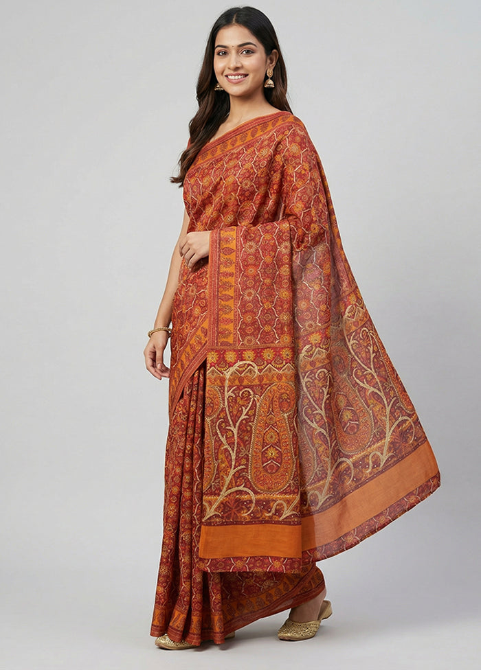 Maroon Printed Pure Silk Saree Without Blouse Piece
