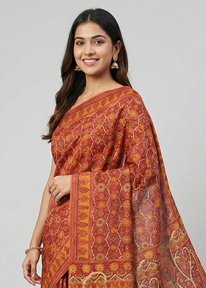 Maroon Printed Pure Silk Saree Without Blouse Piece