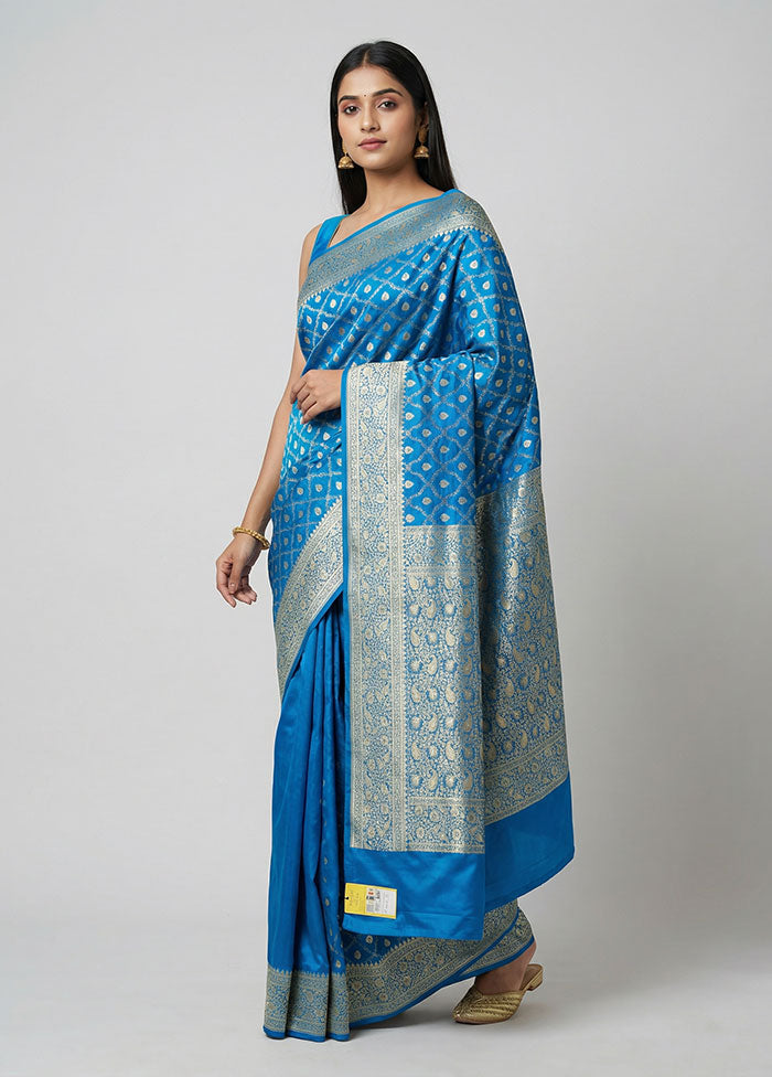 Blue Handloom Banarasi Silk Saree With Blouse Piece
