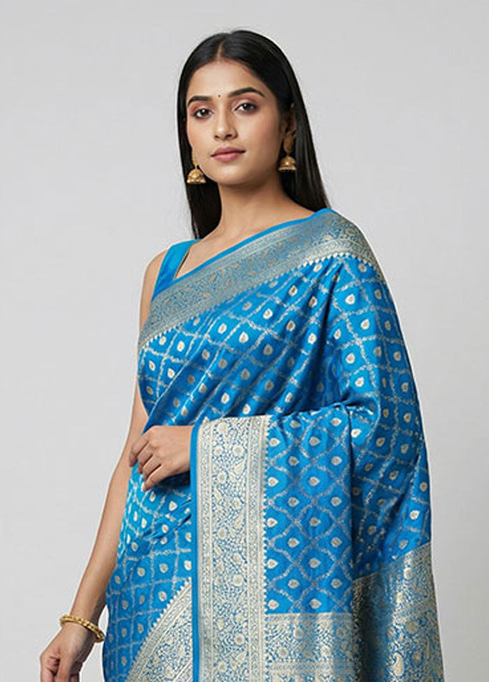 Blue Handloom Banarasi Silk Saree With Blouse Piece