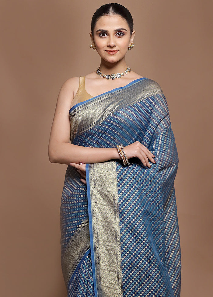 Blue Kora Silk Saree With Blouse Piece