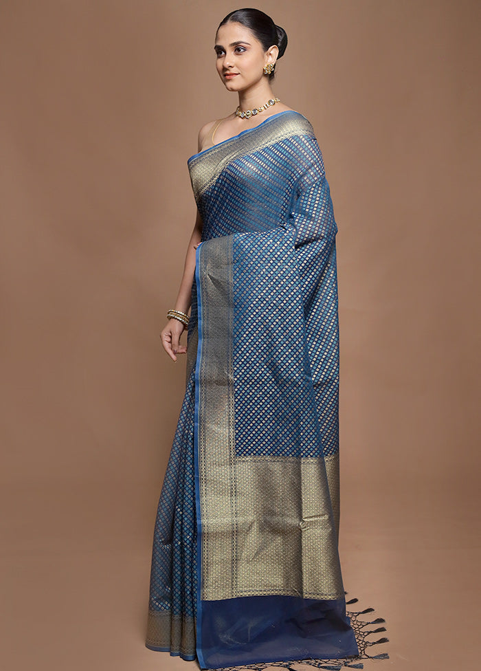 Blue Kora Silk Saree With Blouse Piece