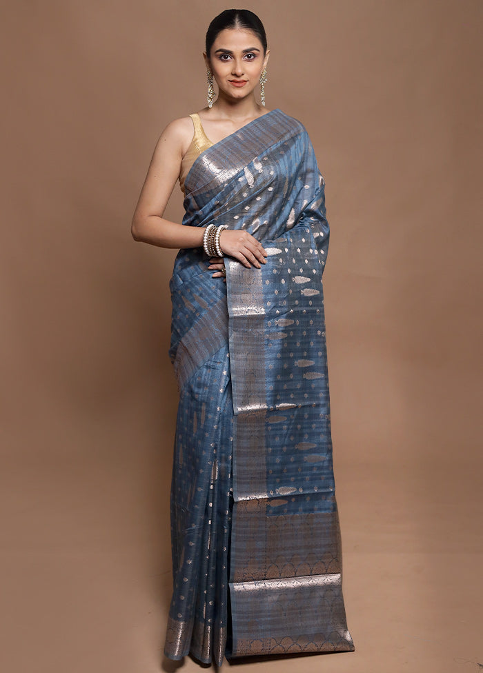 Blue Kora Silk Saree With Blouse Piece