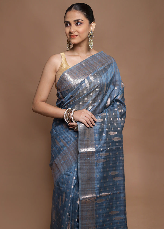 Blue Kora Silk Saree With Blouse Piece