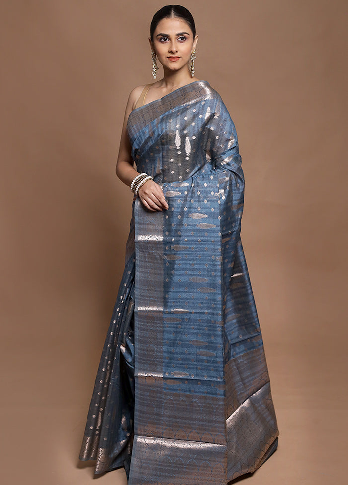 Blue Kora Silk Saree With Blouse Piece