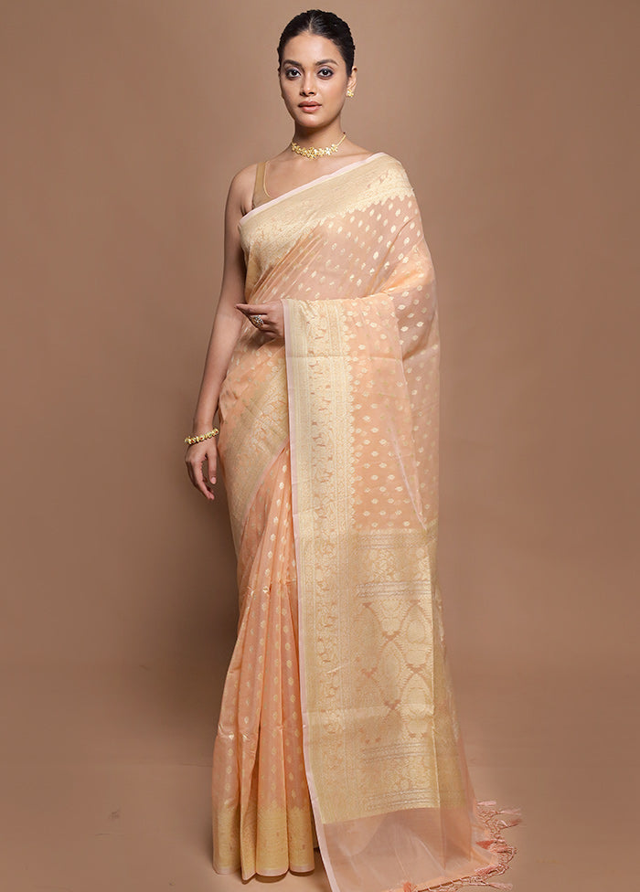Peach Kora Silk Saree With Blouse Piece