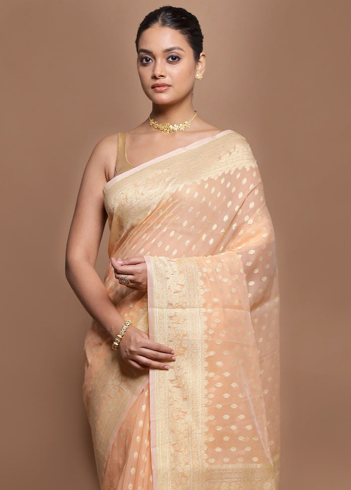Peach Kora Silk Saree With Blouse Piece